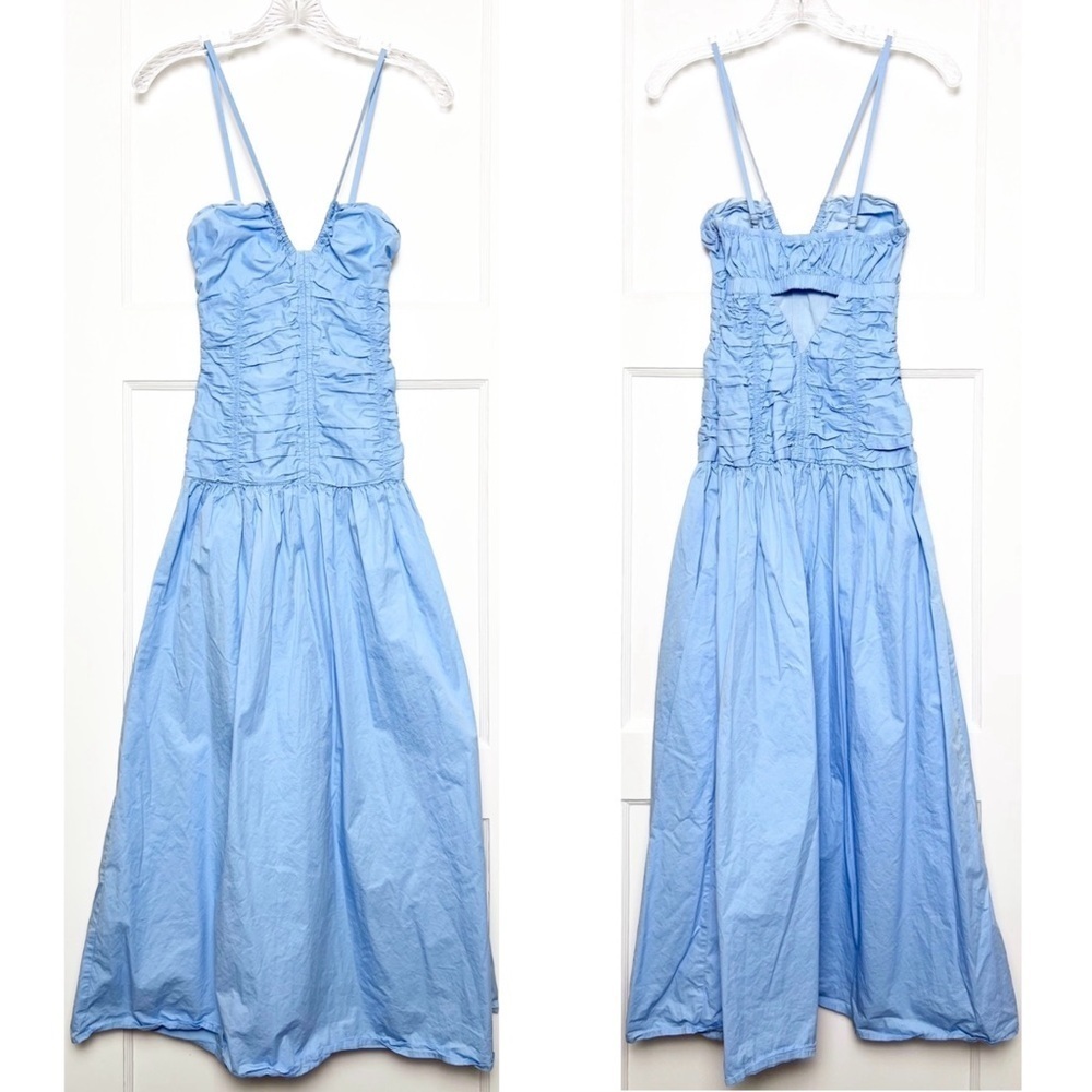 Suboo Blue Cotton Smocked Bodice Sleeveless Back Cutout Drop Waist Midi Dress Xs — image 4 of 8